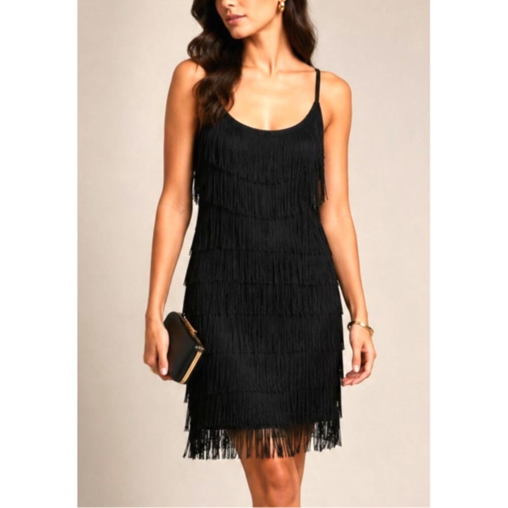 Vintage Vanity Fair Fringe Tassle Flapper Dress XS Black Gatsby 20s Showgirl